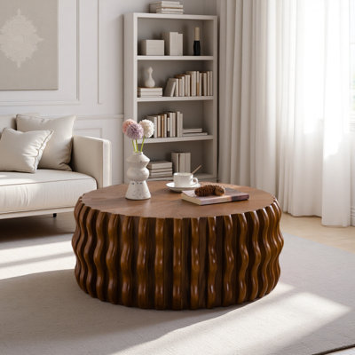 Table basse ronde ronde à cannelures Drum, tables basses centrales Mid-Century avec piédestal robuste