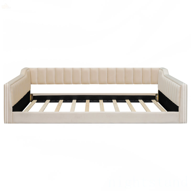 Lit de jour double rembourré pleine grandeur et pochette de rangement latérale, Beige, Double