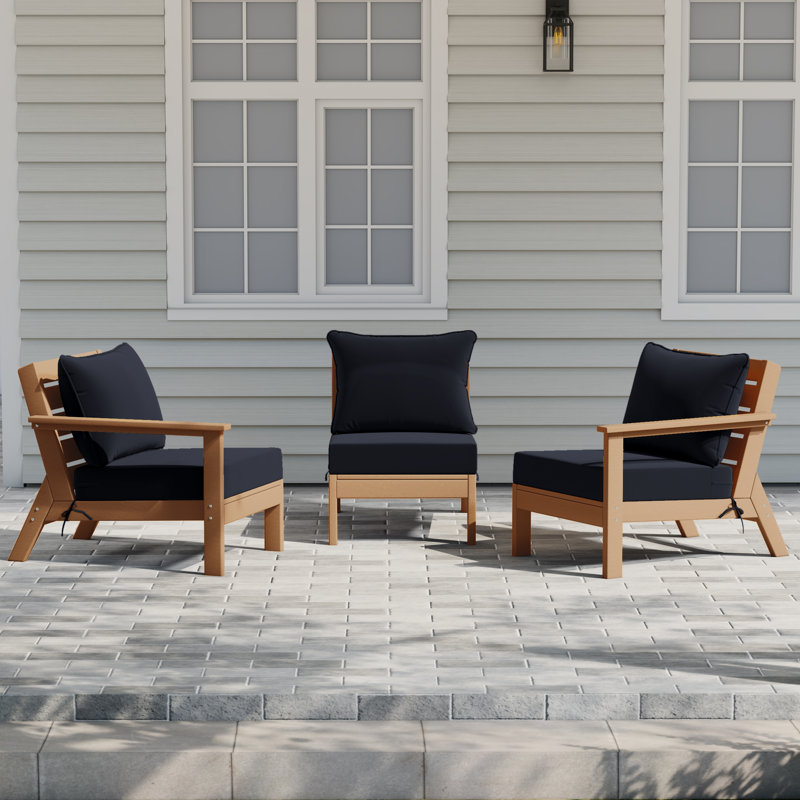 3-Piece Deep Seating Set With Cushions, Teak, Navy Blue