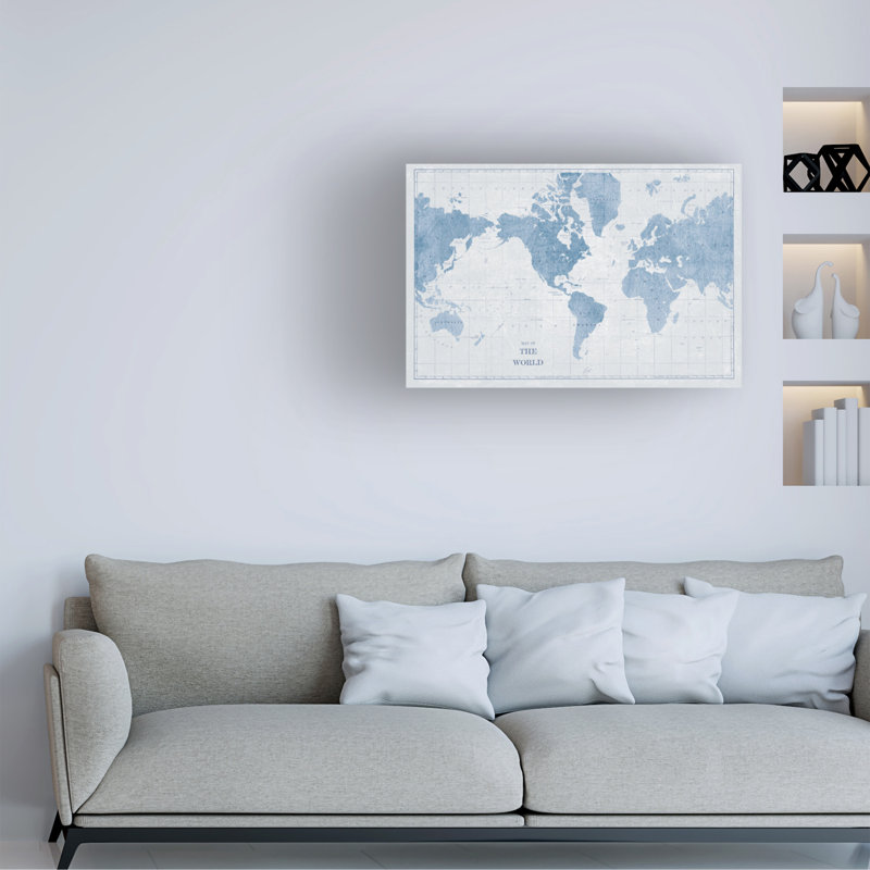 Art sur toile «World Map White and Blue» par Sue Schlabach, H 12 po x l 19 po x P 2 po