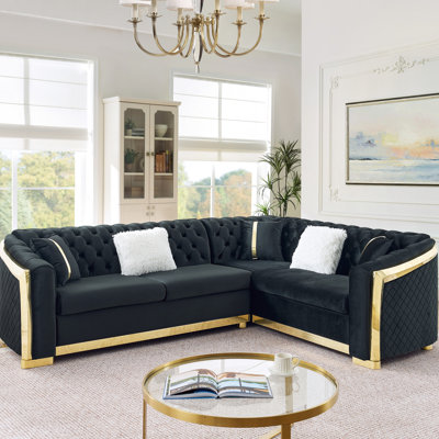 106 Inches L-Shaped Chesterfield Sectional Sofa Set With Gold Stainless Steel Accents, Velvet Button Tufted Sofa With 5 Pillows Luxury Couch For Living Room, Black