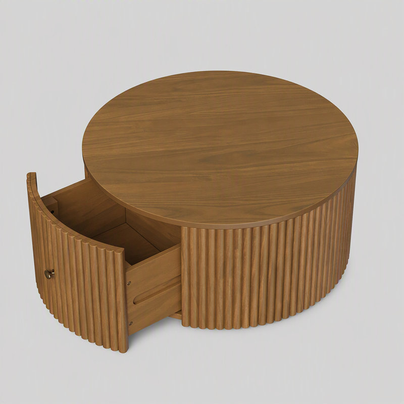 Table basse cylindrique ronde à roulettes avec roulettes et deux tiroirs de rangement cachés