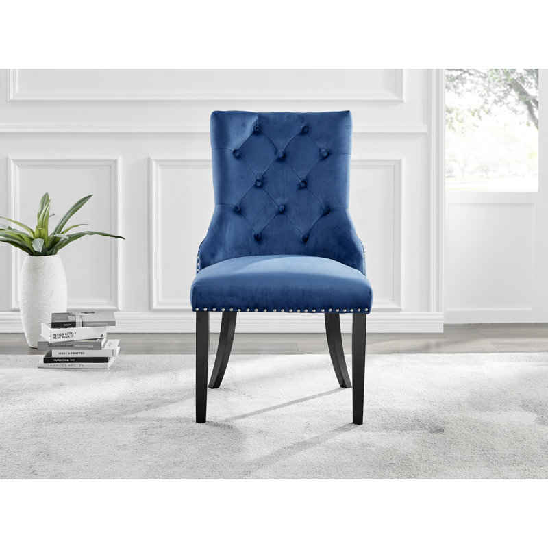 Lenworth Modern Black Metal and Glass Dining Table Set with 4 Velvet Upholstered Dining Chairs, Blue/Black
