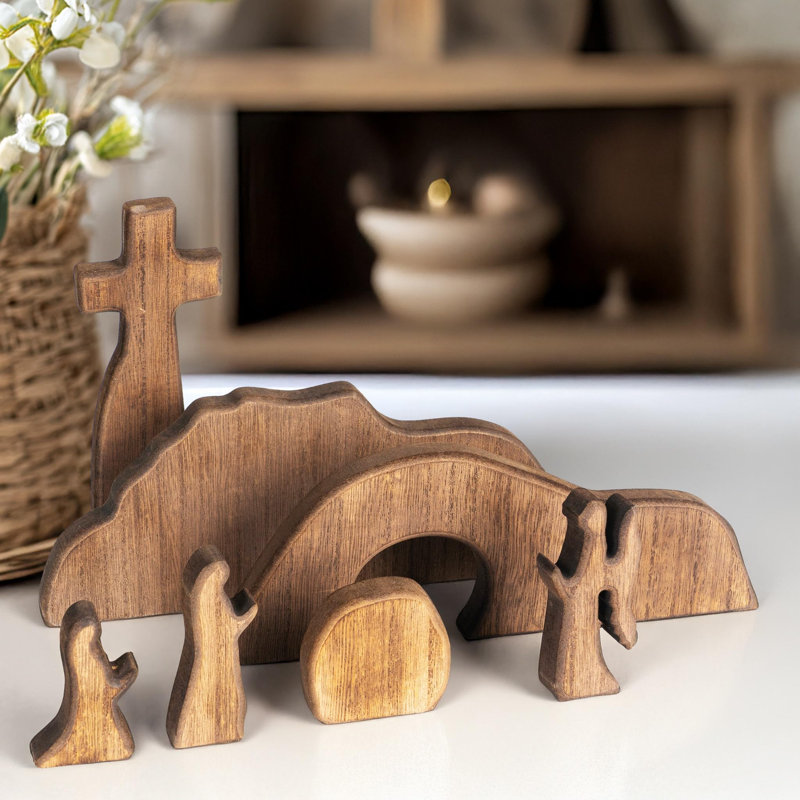 7-pcs Wooden Easter Resurrection Scene With Empty Tomb And Cross, Easter Tabletop Jesus Nativity Set