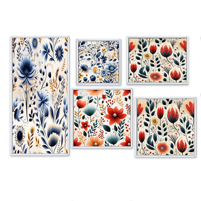 Hardman - Ensemble de 5 impressions murales florales, Cadre flottant blanc