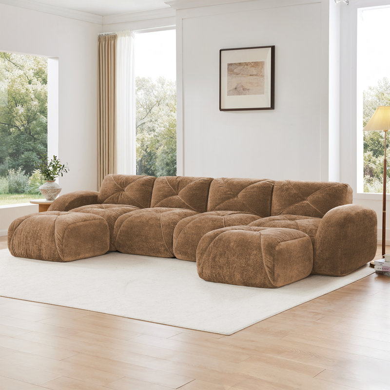 Canapé modulaire capitonné en U de 6 pièces avec 2 repose-pieds Klyrith, aucun assemblage requis, Velours brun clair