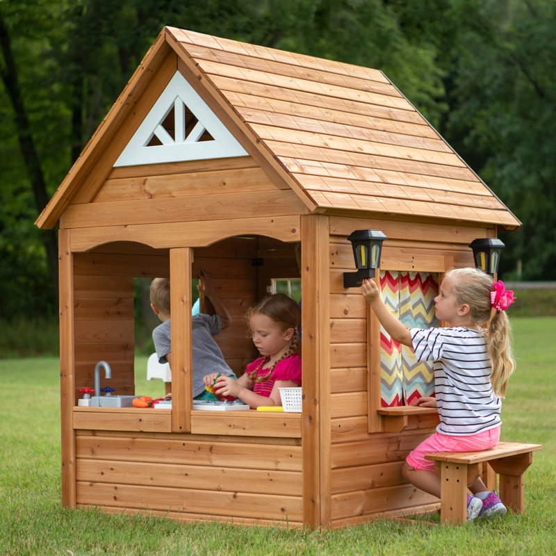 Aspen Cedar Wooden Playhouse with White Trim and Accessories