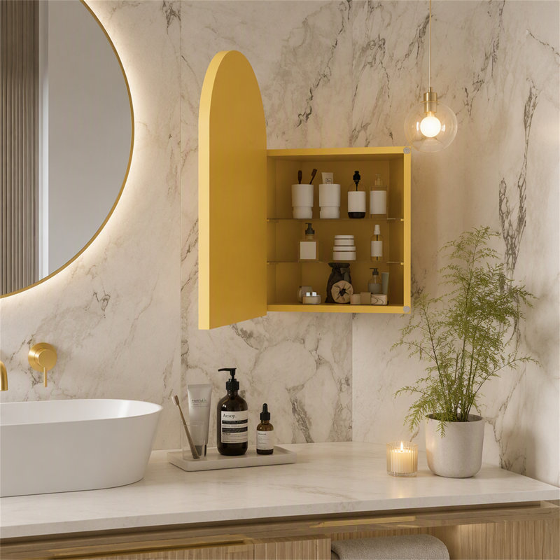 Pharmacie d'angle en métal 18 po avec miroir arqué 18 po x 24 po, Golden