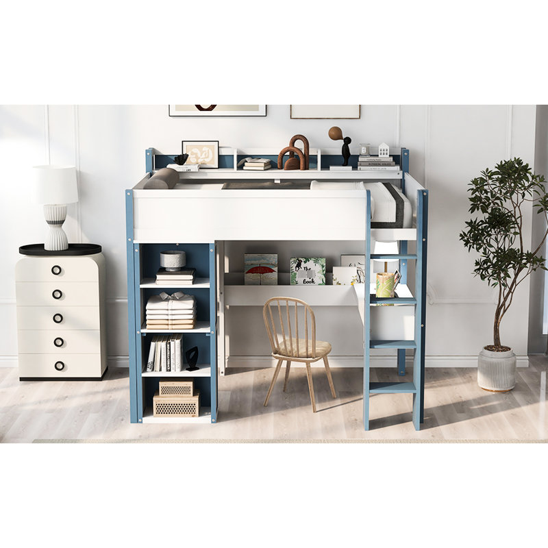 Lit mezzanine double en bois pleine grandeur avec tringle à vêtements et tablettes réglables en blanc et bleu - Esthétique contemporaine, structure stable, armoire de rangement à assemblage rapide, look moderne, espace fonctionnel,