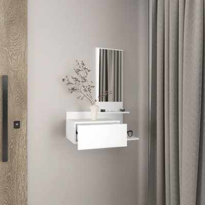 Console blanche à 3 tablettes avec miroir et tiroir complet - peu encombrante et design, élégante pour toute pièce
