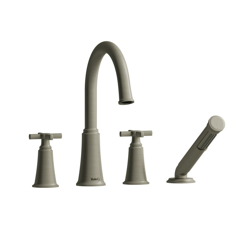 Momenti 4-Hole Deck Mount Tub Filler with C-Spout, Brushed Nickel, Cross Handle