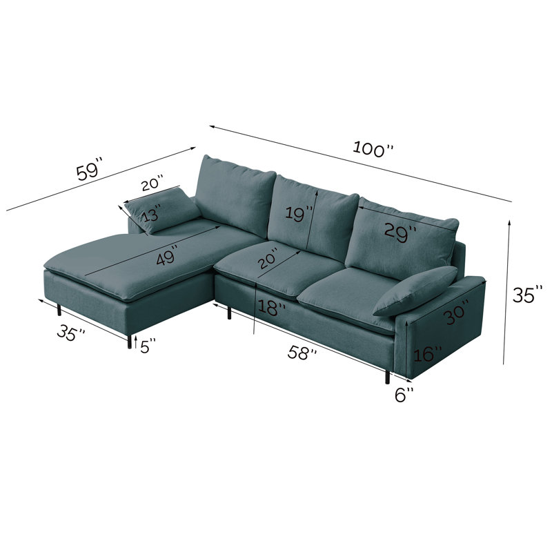 Arv?ds Sectional Sofa L Shaped Couch with Throw Pillows, Emerald Linen