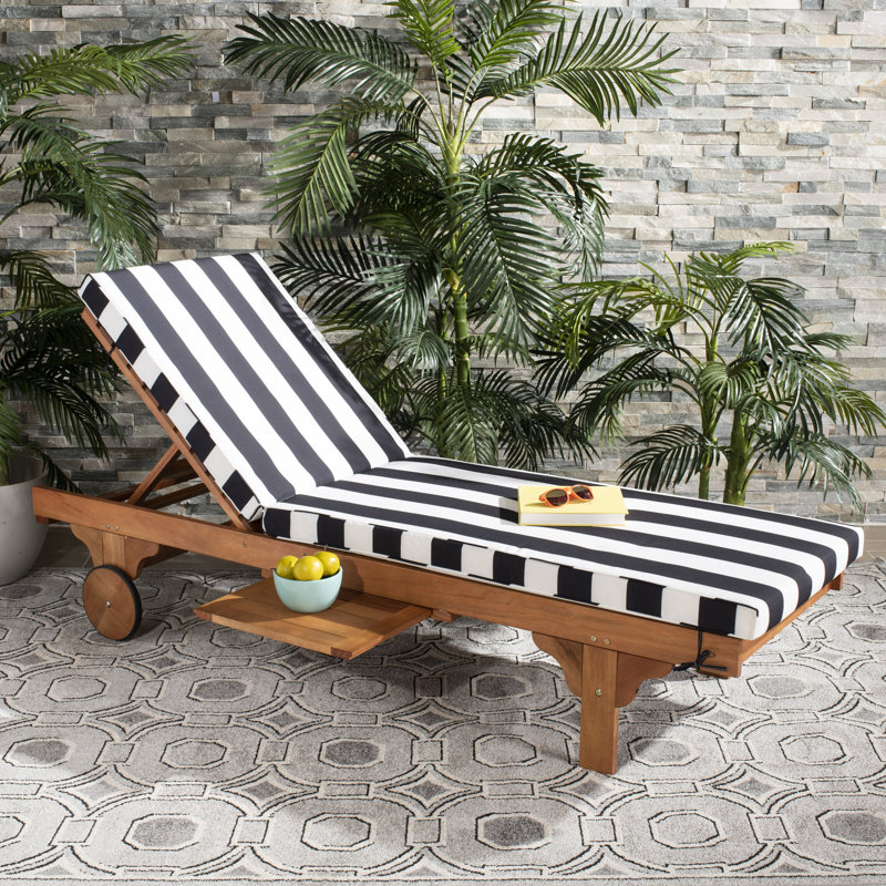 Alvah Outdoor Eucalyptus Wood Chaise Lounge , Cushion Included, Black/White