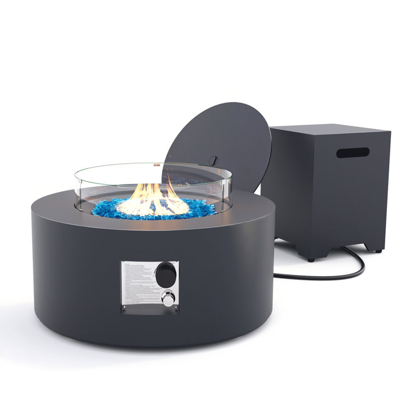  Foyer de table rond en fer de 28 pouces avec couvercle de réservoir et pare-vent, Gris foncé