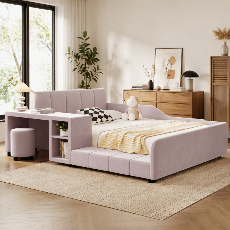 Lit tapissier en velours avec bureau de chevet et petit tabouret rond, Lit double, Rose