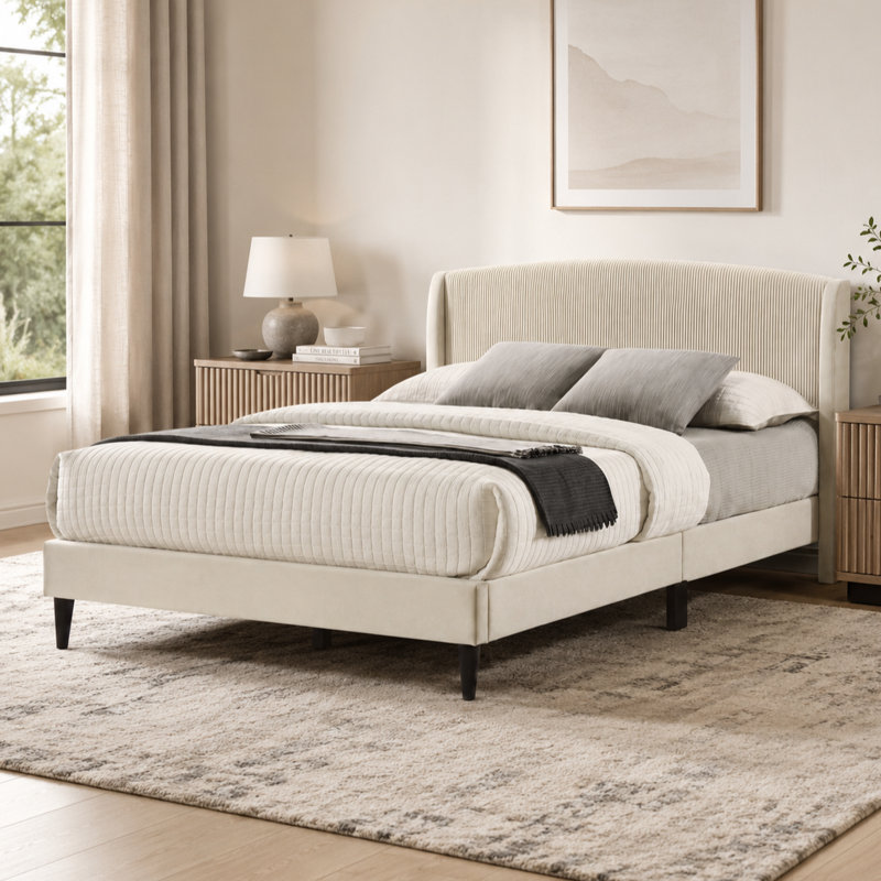 Lit double tapissier Jolande, Beige, Lit double