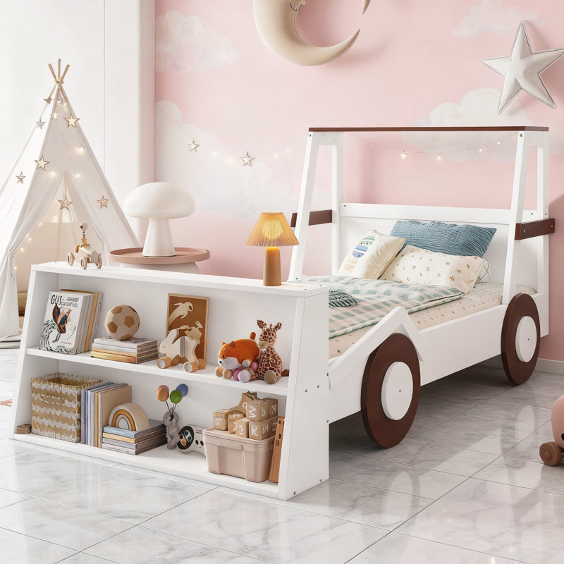 Twin Size Car Bed with Storage Shelves, Brown/White