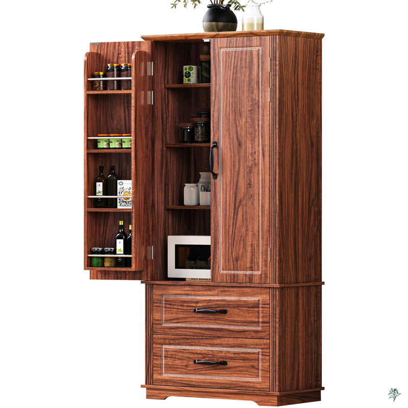 Armoire de cuisine 71 po avec 2 grands tiroirs, armoire autoportante à texture gaufrée avec 8 tablettes de porte et 3 tablettes pour cuisine, salle à manger, salon, buanderie, brun