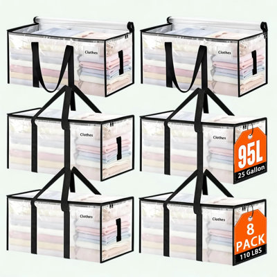 Oversized Moving Bags with Lids, Heavy Duty Clear Storage Bags with Double Zippers and Reinforced Handles, Foldable Moving Boxes for Travel, Dorm, and Home Organization, Space Saving Storage Solutions, 6 Pack