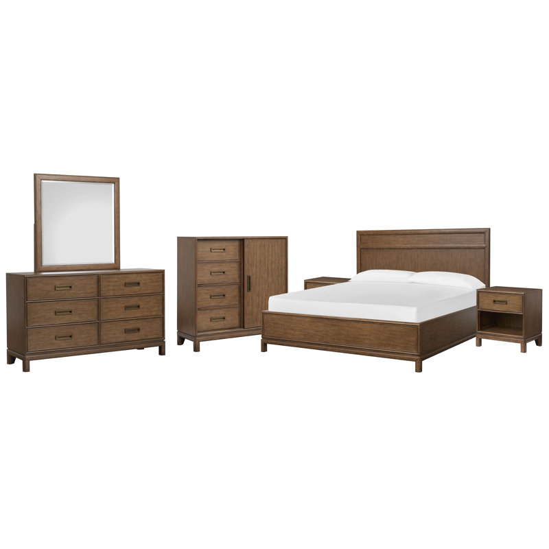Grande commode à 2 tiroirs avec miroir de paysage et commode, 6 Pcs:Bed,2 Nightstand,Dresser,Mirror,Door Chest, Très grand