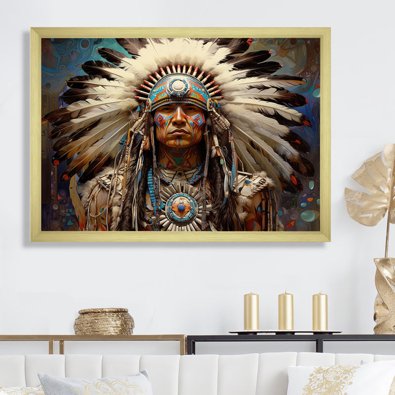 Native Honor Traditional Warrior I - Art amérindien, art mural, H 24 po x l 32 po x P 1 po, Cadre doré simple