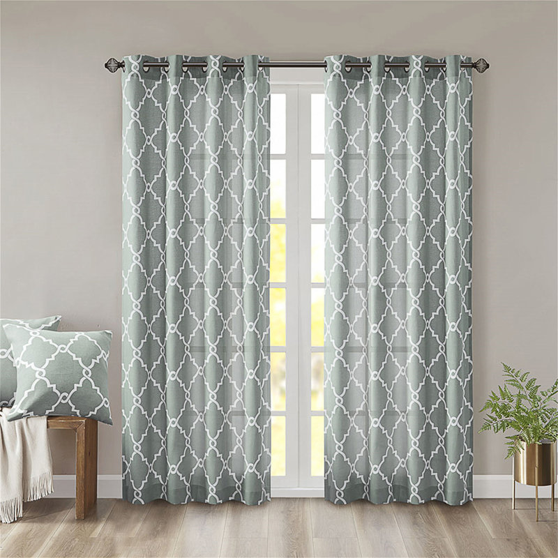 Geometric Fretwork Grommet Top Window Curtain Panel, 50" W  x 95" L, Seafoam/White