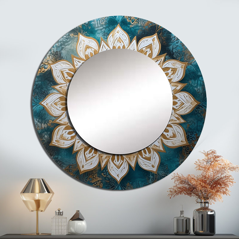 Pratham Teal And Gold Mandala II - Boho Mandala Wall Mirror, Traditional Round Decorative Mirror, Printed Metal Art