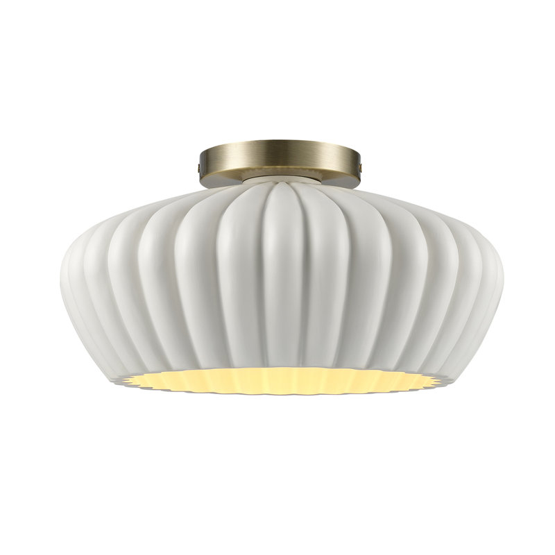 1-Light Brass Flush Mount Ceiling Light with Cream Resin Shade
