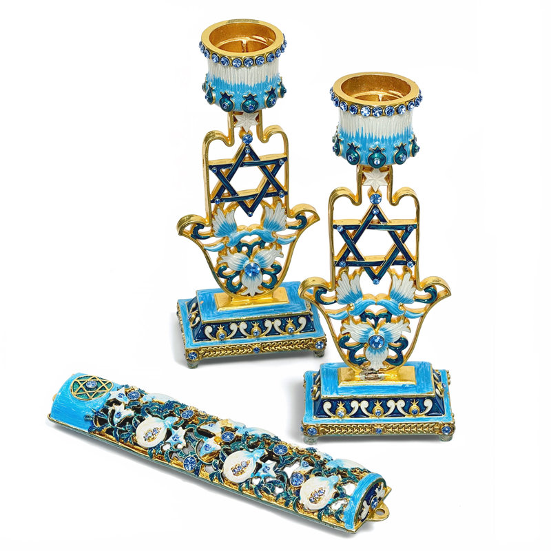Monther Blue Jeweled Pomegranate Flower And Doves Hamsa Shabbat Candlestick Holders In Gift Box
