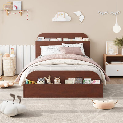 Space-Saving Twin Size Wooden Bed Frame with Storage Headboard & Raised Footboard – Sturdy Slats, Noise-Free, No Box Spring Needed – Low Platform for Kids Bedroom – Red Peach Wood, Twin Size
