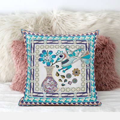 18" X 18" Peacock Blown Seam Floral Indoor Outdoor Throw Pillow