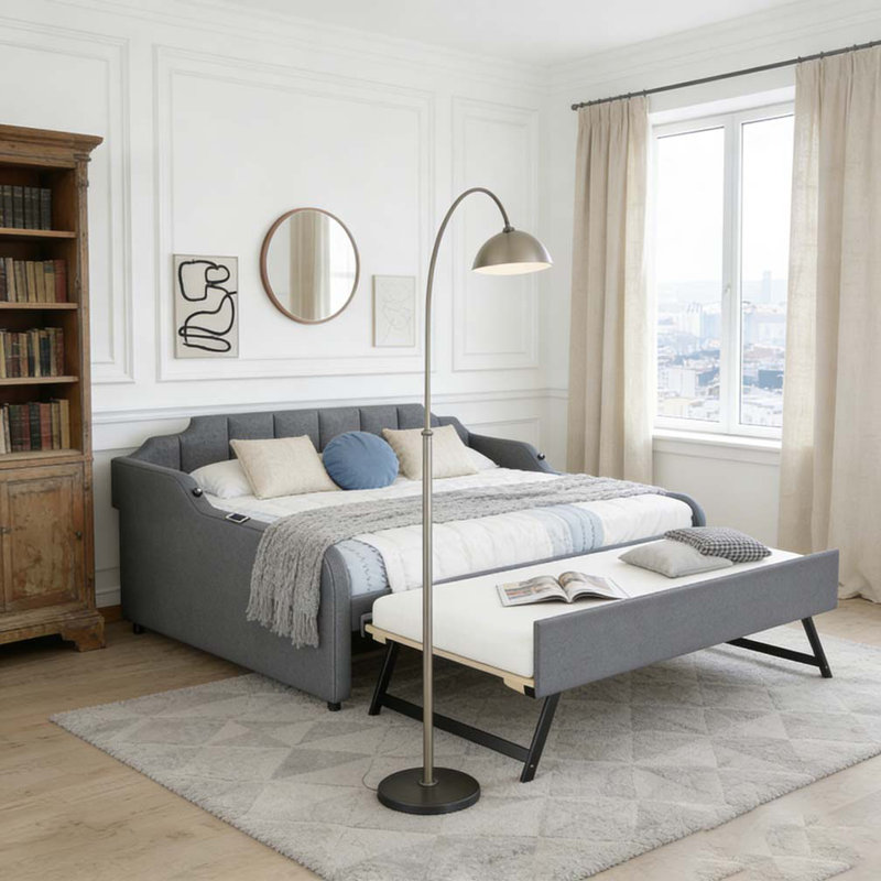 Lit de jour double rembourré avec gigogne et port USB