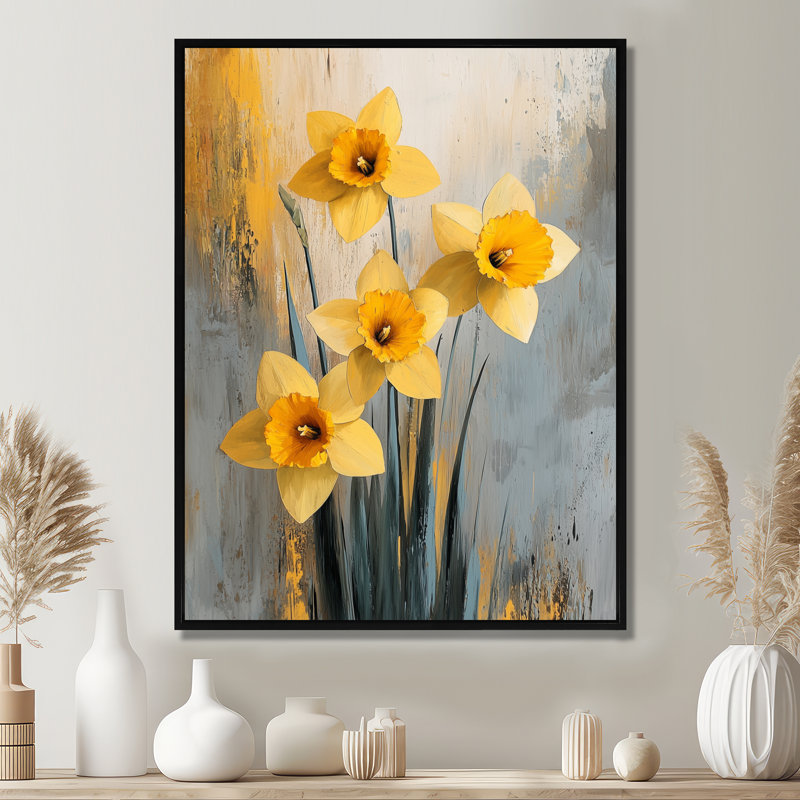 «Silent Daffodil Minimalisme Fleurs II» - impressions sur toile jonquilles, H 20 po x l 12 po, Noir