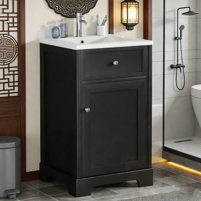 Meuble-lavabo de salle de bain avec lavabo, porte à fermeture douce, support de rangement et tablette réglable, Noir