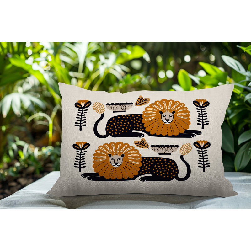 Oreiller rectangulaire réversible intérieur / extérieur Chiga Lion, Orange, Rectangle H 14 po x l 20 po