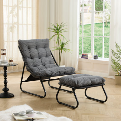 Patio Outdoor Lounge Chair With Ottoman, Comfy Sling Recliner With Puffy Cushion And Foot Stool, Ideal For Modern Living And Relaxation