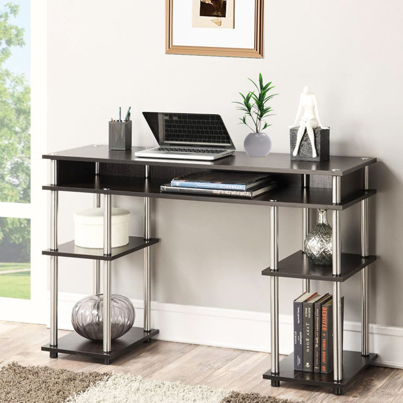 Bureau d'écriture avec tablettes sans outils Edwin, Espresso / poteaux argentés
