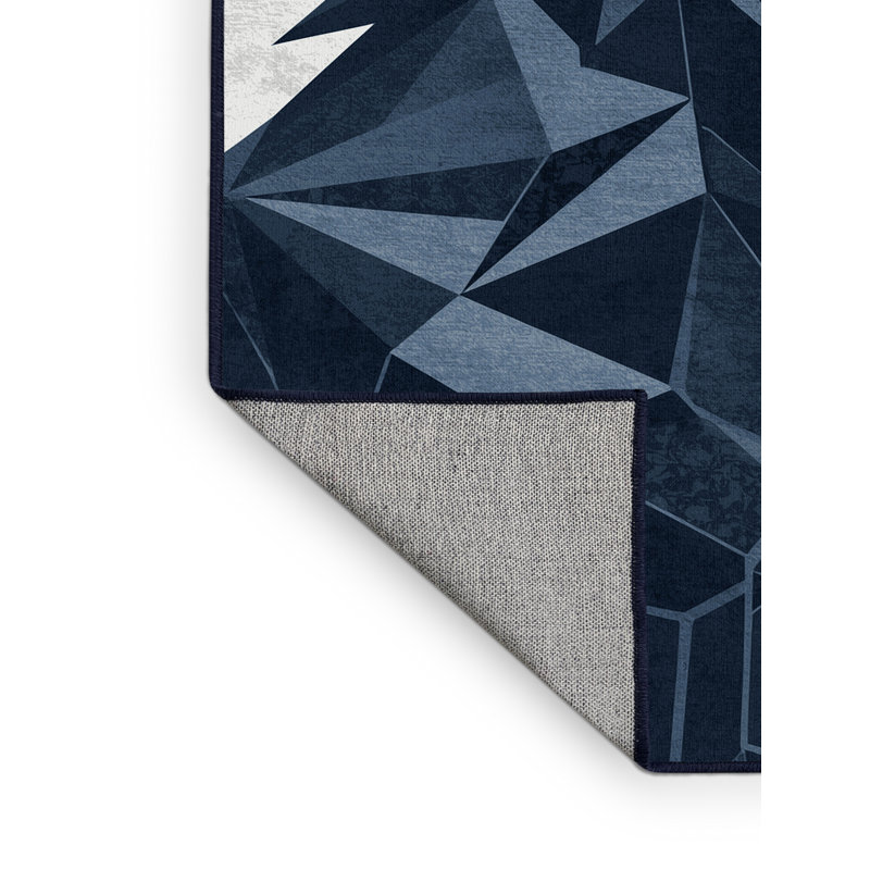 Machine Washable Pavnesh Wolf Modern Geometric Rug in Gray – Navy Binding, 2x3