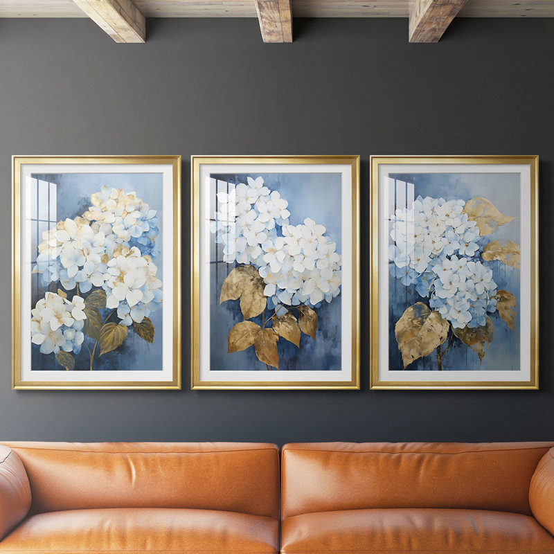 FLORAL Series CXLII - Impression encadrée de qualité supérieure sur mesure mat - 3 pièces, H 21 po x l 30 po, Doré