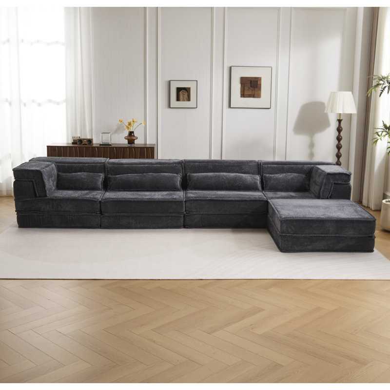 Compression Mahjong Sofa,Convertible Floor Sofa Bed,DIY Boneless Modular Sectional Sofa,No Assembly Required,Circle Fleece Fabric,Oversized 4 Seater With 1 Ottoman,Dark-Grey