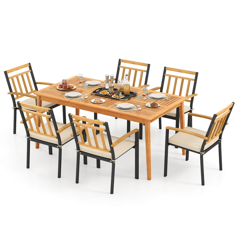 Ensemble de 7 ensembles de salle à manger de patio en bois d'acacia avec coussins de siège moelleux pour l'extérieur