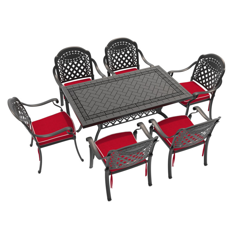 Ensemble de 7 pièces de mobilier de patio en aluminium coulé avec cadre noir et coussins de siège rouges