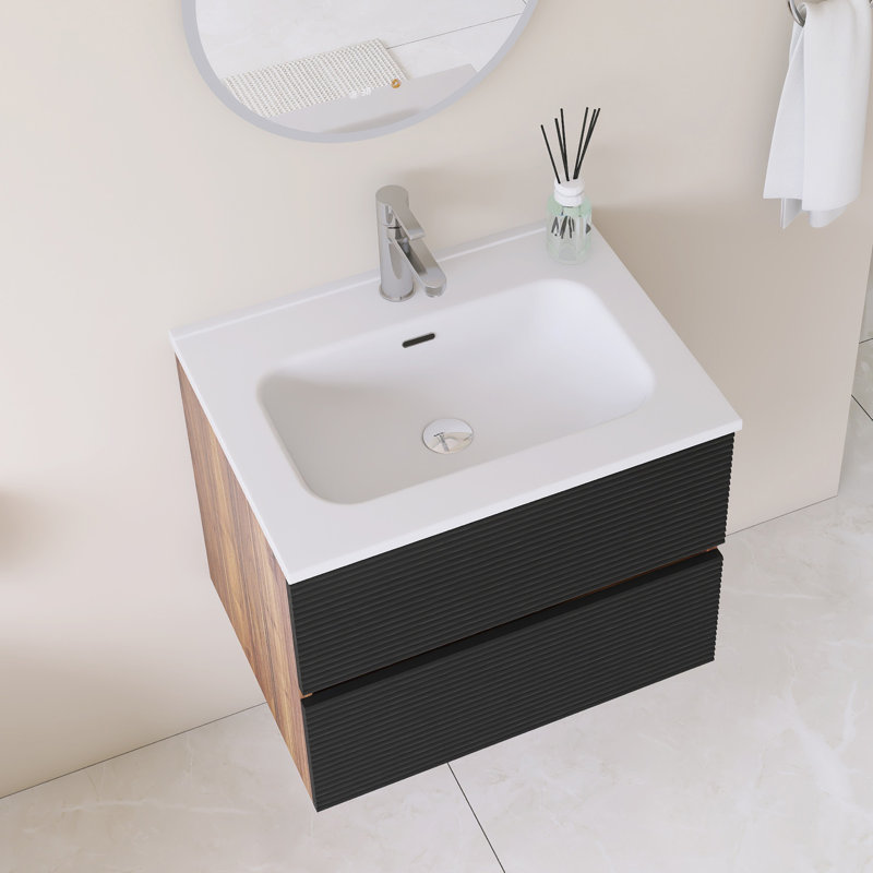 24" Wall Mounted Single Bathroom Vanity With White Integrated Ceramic Top, Black