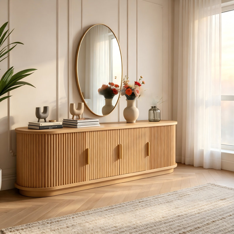 70" Fluted TV Stand with Hideaway Tambour Sliding Doors & Golden Handles for TVs up to 75", Natural