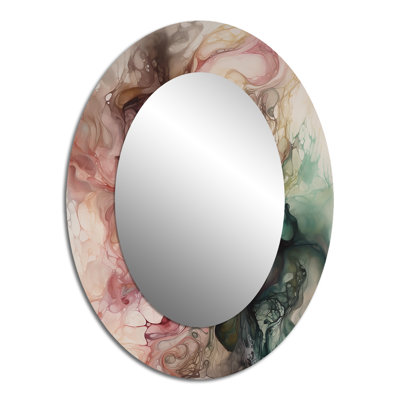Pink Green Inner Worlds Of Marble I - Abstract Oval Decorative Mirror On Metal