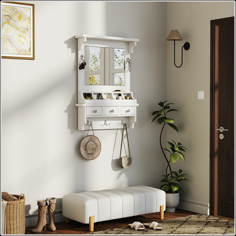 Meuble-lavabo flottant avec grand miroir, rangement mural avec tiroirs, poches et crochets pour les petits espaces