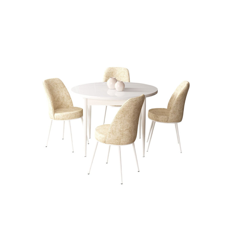 Ensemble de table et chaises de salle à manger moderne 5 pièces, blanc et crème | 100% aggloméré enduit de mélamine, table: 35,4 x 29,5 x 35,4 pouces, chaises: 17,7 x 35,8 x 16,5 pouces | Pieds en métal, coussins en mousse confortables, design élégant et durable