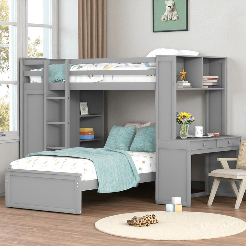 Lit superposé en forme de L avec bureau intégré et garde-robe, Blanc, Double sur simple