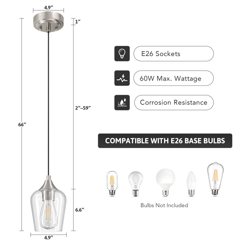 Pendant Light Fixture with Adjustable Height, Brushed Nickel, 1