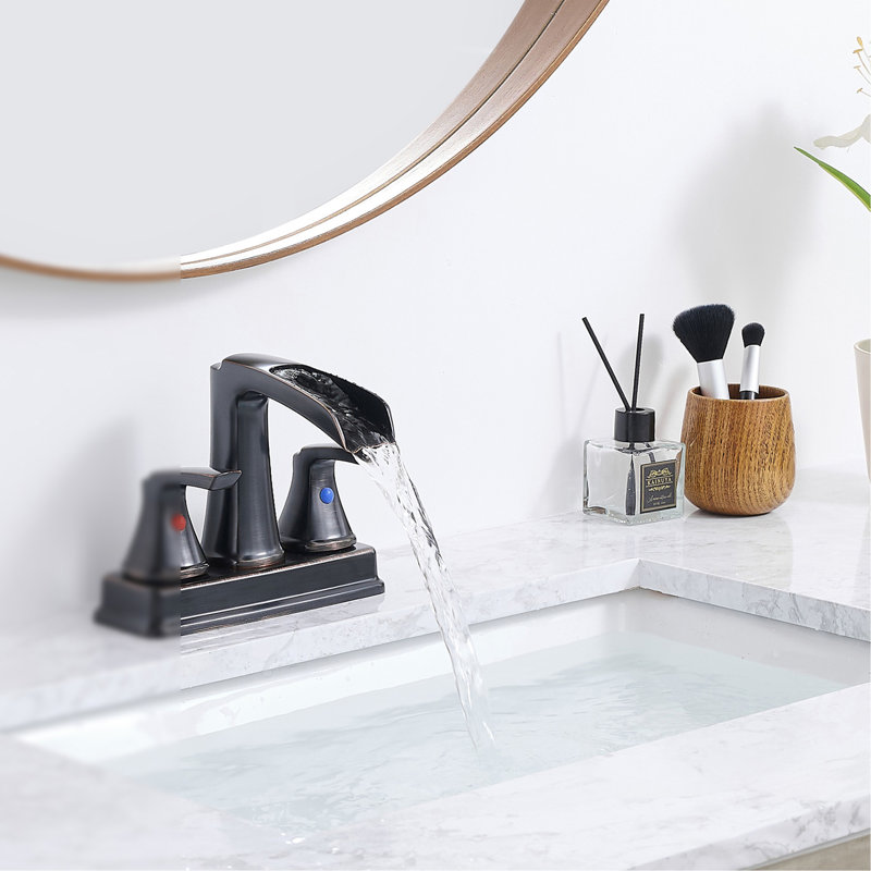 Robinet de salle de bain en bronze huilé - Robinet à cascade 4 pouces avec 2 poignées, bec pivotant à 360 degrés, lavabo à 3 trous, bonde escamotable
